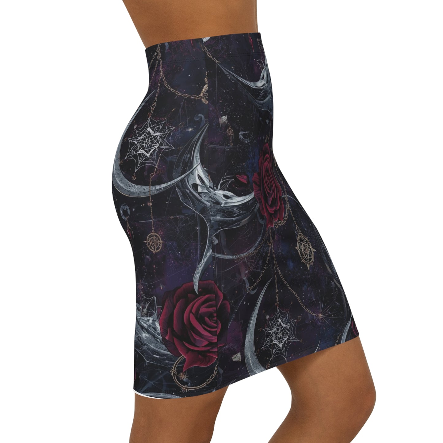 Mystic Moon & Rose Pencil Skirt — Gothic Celestial Floral Print