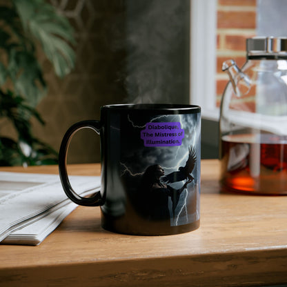 "Diabolique Mistress of Illumination Black 11 oz Mug – “Mystical Gothic witch coffee mug adorned with dark, enchanting design.”