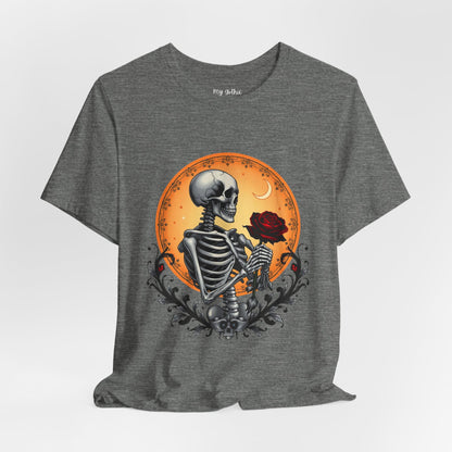 Mystical Gothic Skeleton and Black Rose Under Crescent Moon T-Shirt Design