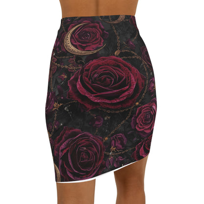 Rose Moon Pencil Skirt — Dark Gothic Floral Mid‑Waist Skirt