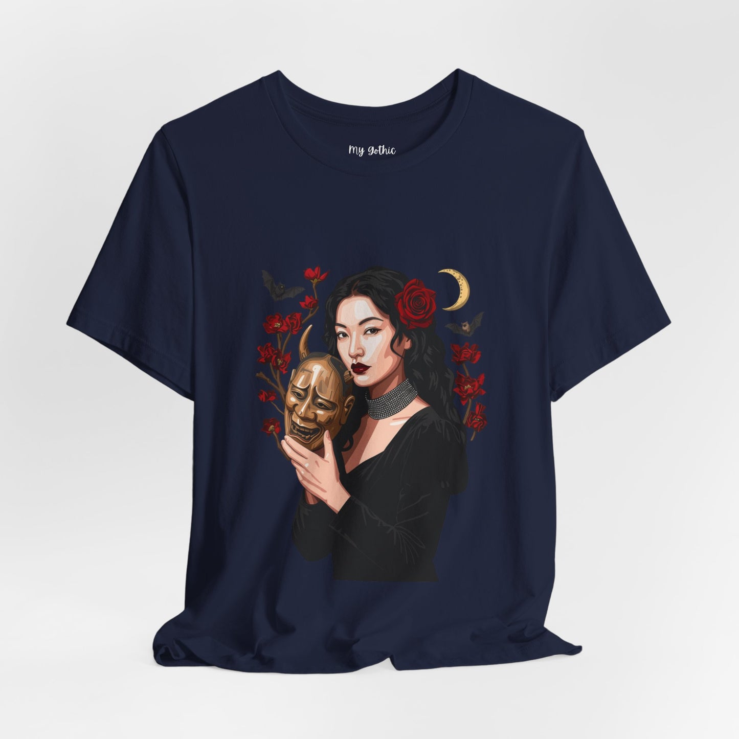 Gothic Rose Maiden Tee — Woman with Mask & Crescent Moon Graphic T-Shirt