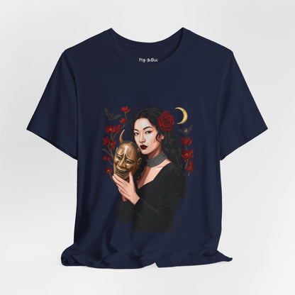 Gothic Rose Maiden Tee — Woman with Mask & Crescent Moon Graphic T-Shirt