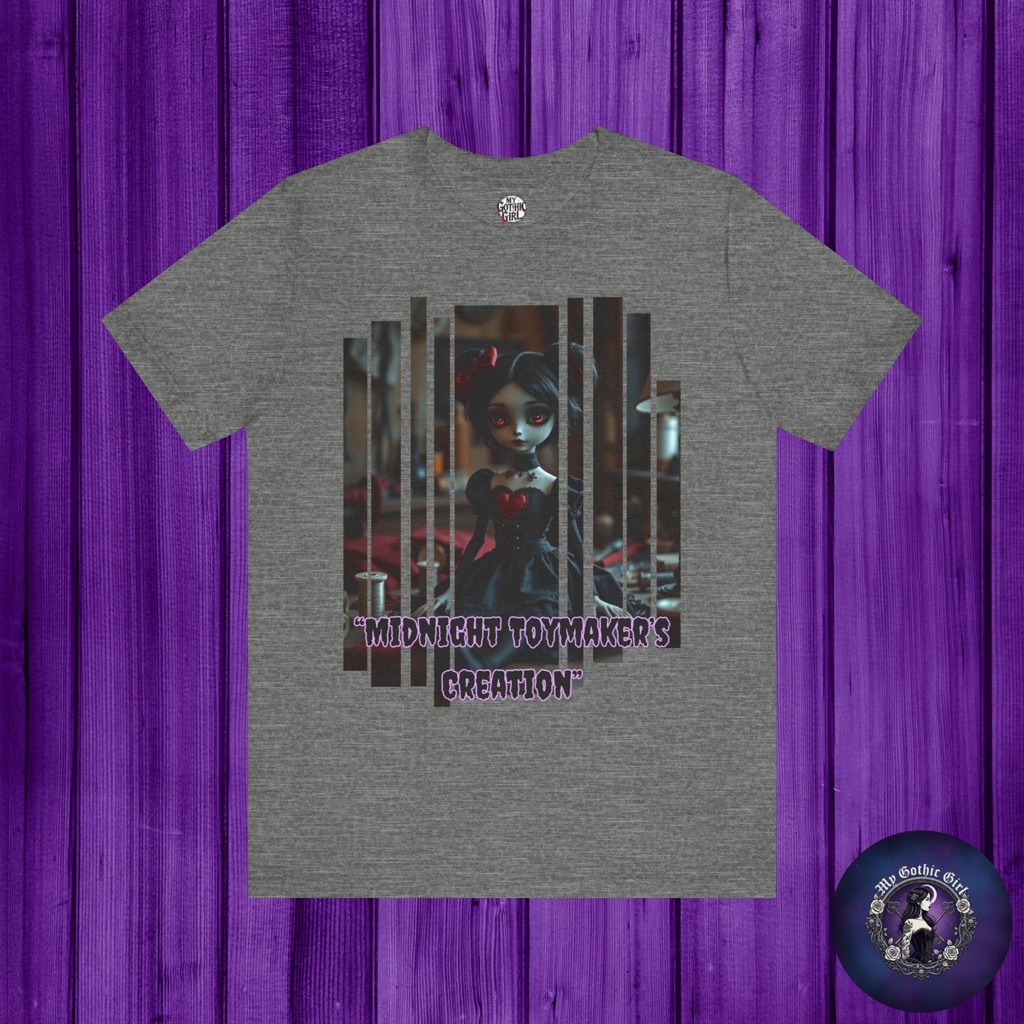 “Midnight Toy-maker's Creation” —hand-stitched Gothic doll Graphic T-Shirt – Alt Aesthetic Poetic Goth Street-wear