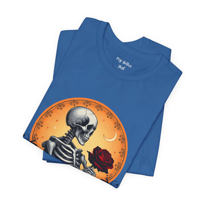 Mystical Gothic Skeleton and Black Rose Under Crescent Moon T-Shirt Design