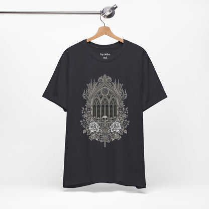 Gothic Cathedral Floral Tee — Intricate Rose Window Graphic T-Shirt