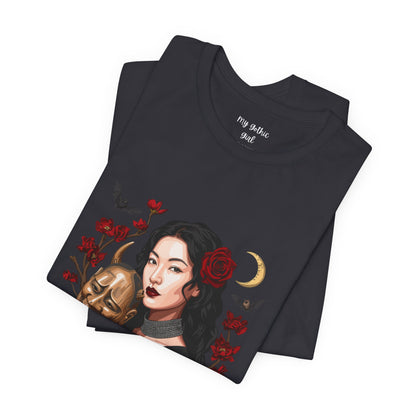 Gothic Rose Maiden Tee — Woman with Mask & Crescent Moon Graphic T-Shirt