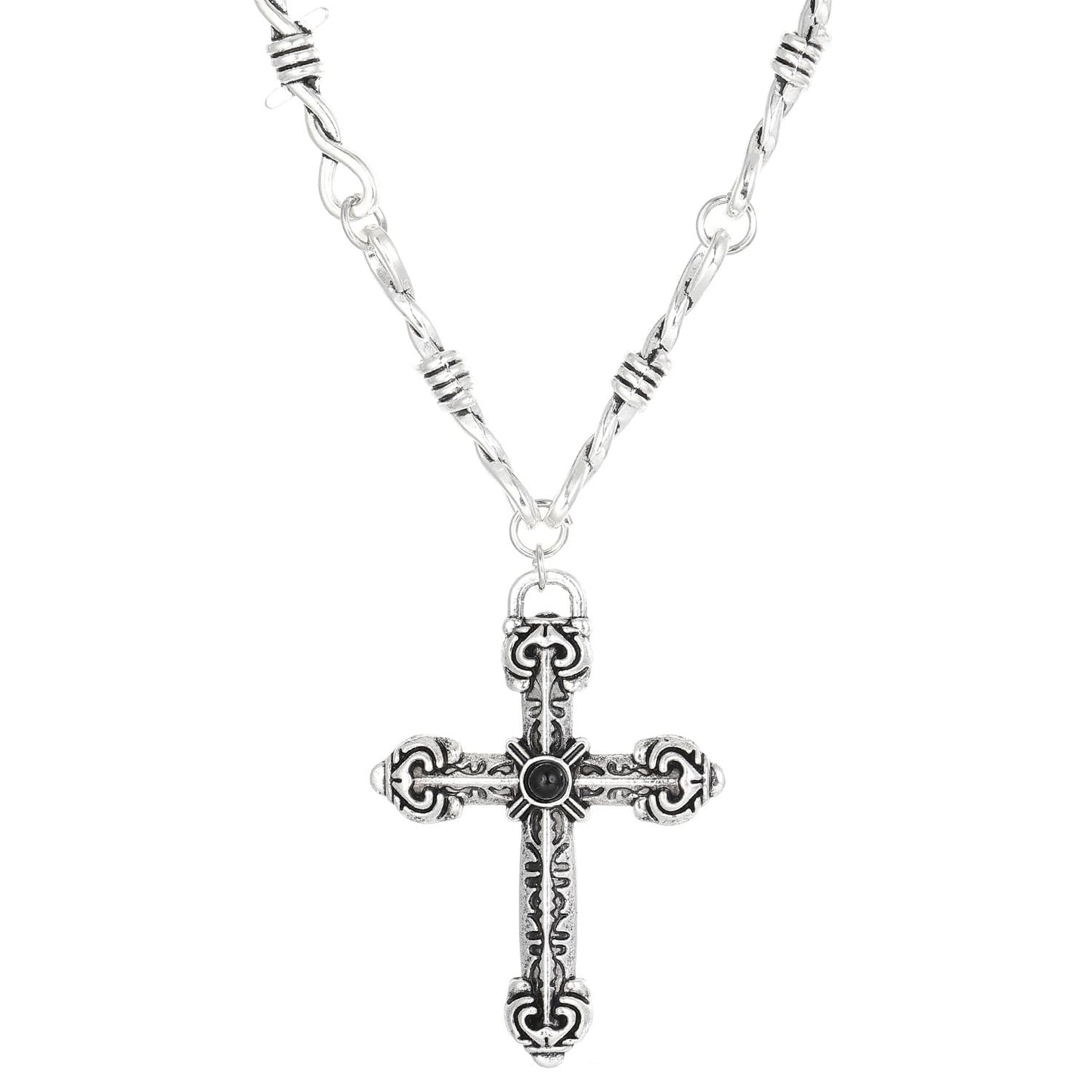 Unisex Gothic Barbed Wire Chain Necklace - Punk Antique Silver Color Cross Pendant Choker Necklaces Accessories Jewelry Gift for Women Men