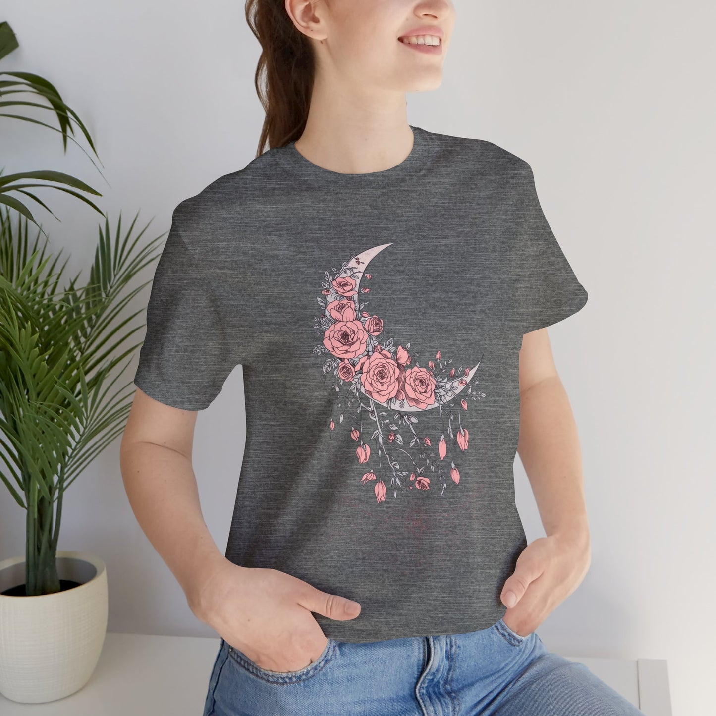 Celestial Goth Crescent Moon Tee with Dripping Florals – Mystic Graphic Art