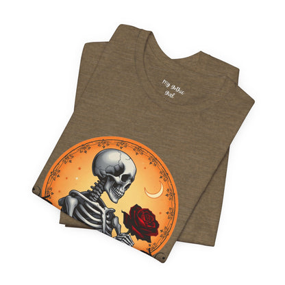 Mystical Gothic Skeleton and Black Rose Under Crescent Moon T-Shirt Design