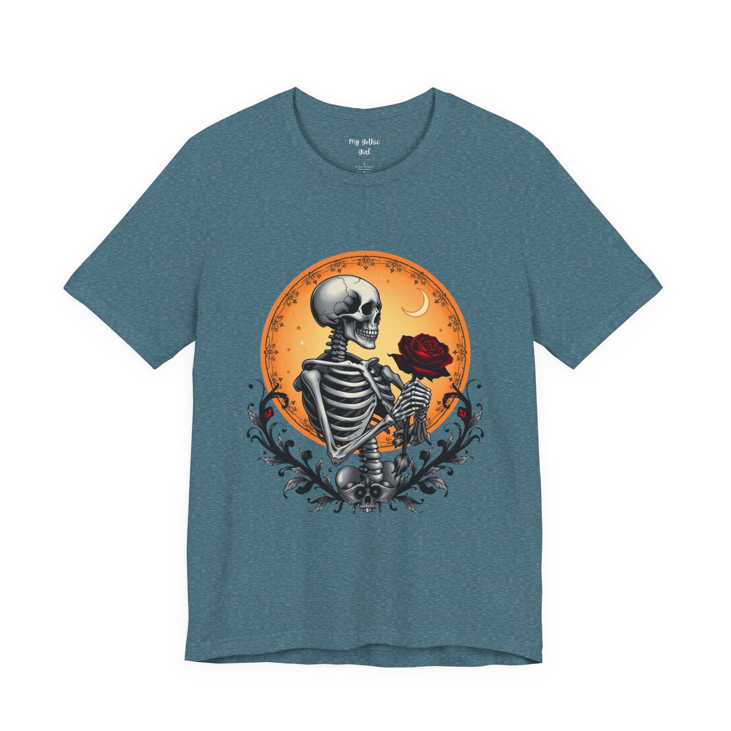 Mystical Gothic Skeleton and Black Rose Under Crescent Moon T-Shirt Design