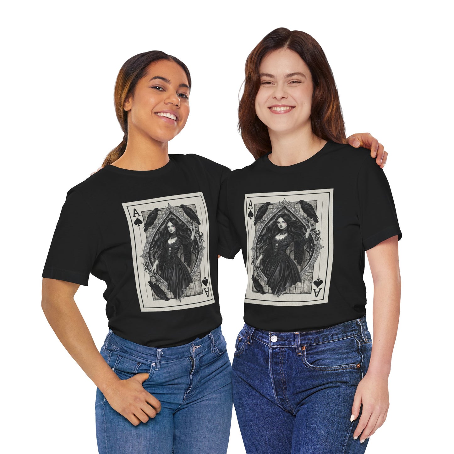 Ace of Spades Gothic Playing Card T‑Shirt — Dark Victorian Witch Illustration