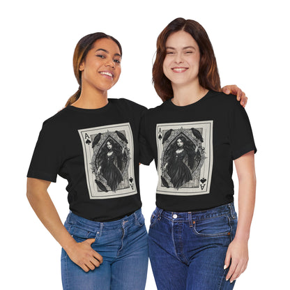 Ace of Spades Gothic Playing Card T‑Shirt — Dark Victorian Witch Illustration