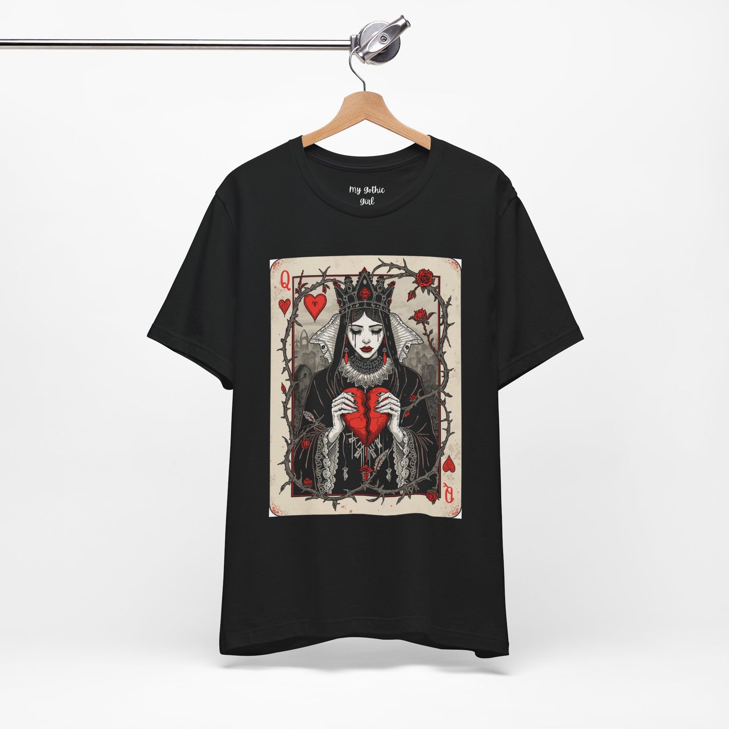 Queen of Hearts Playing Card T-Shirt — Gothic Rose Broken Heart Graphic Tee
