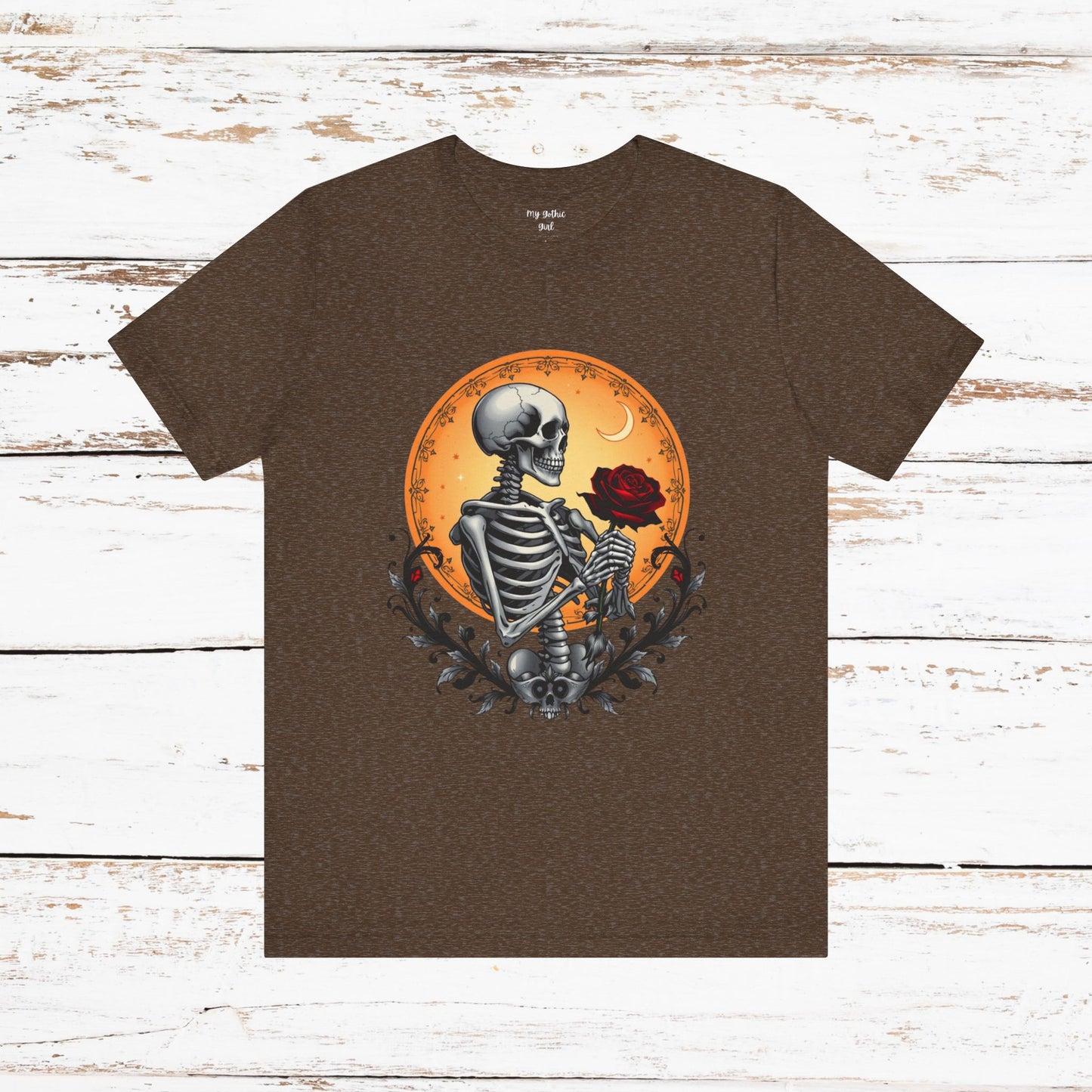 Mystical Gothic Skeleton and Black Rose Under Crescent Moon T-Shirt Design