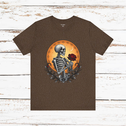Mystical Gothic Skeleton and Black Rose Under Crescent Moon T-Shirt Design