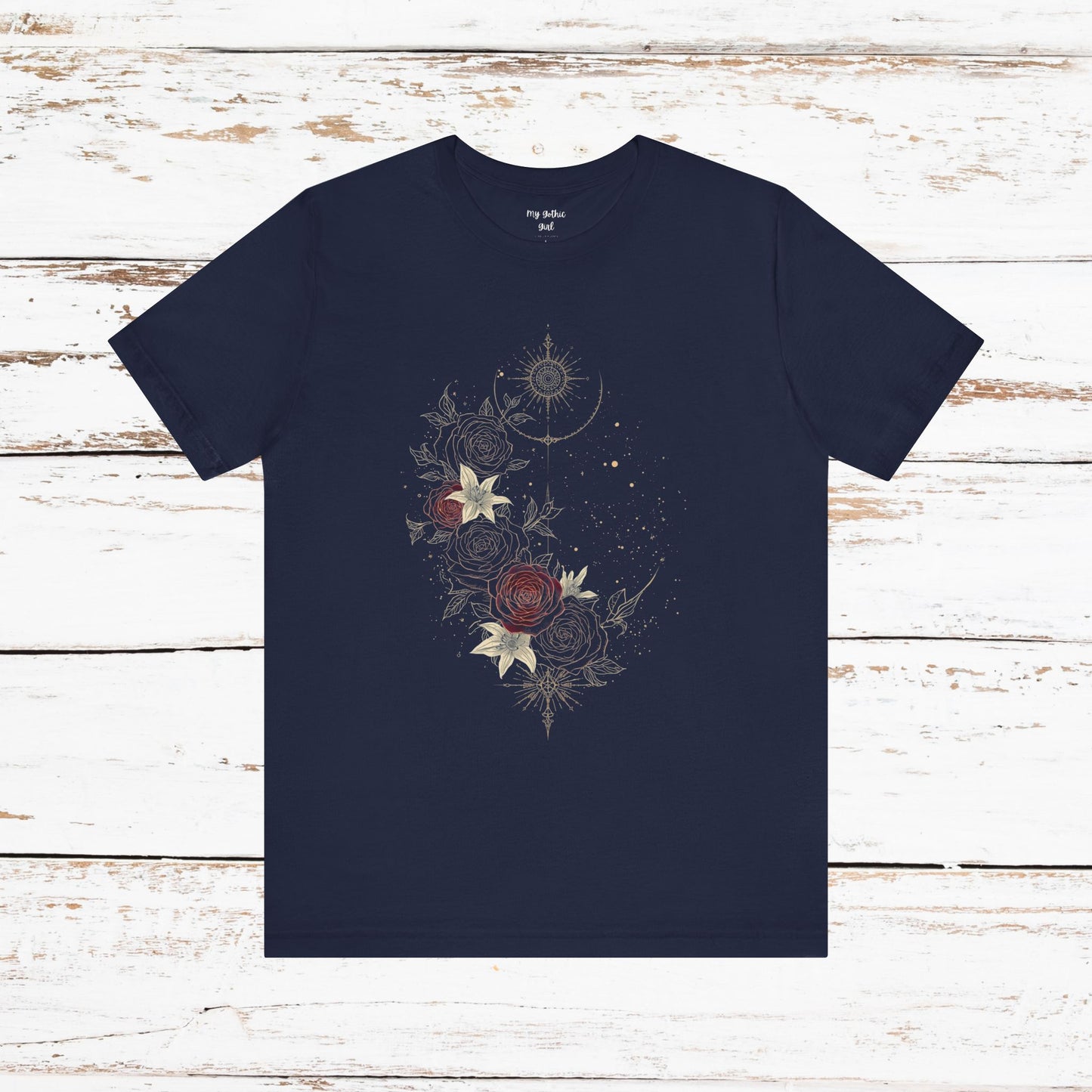 “Dark Floral Moon & Ornamental Geometry” T-Shirt Dark Floral Moon Ornamental Geometry Unisex Jersey Short Sleeve Tee