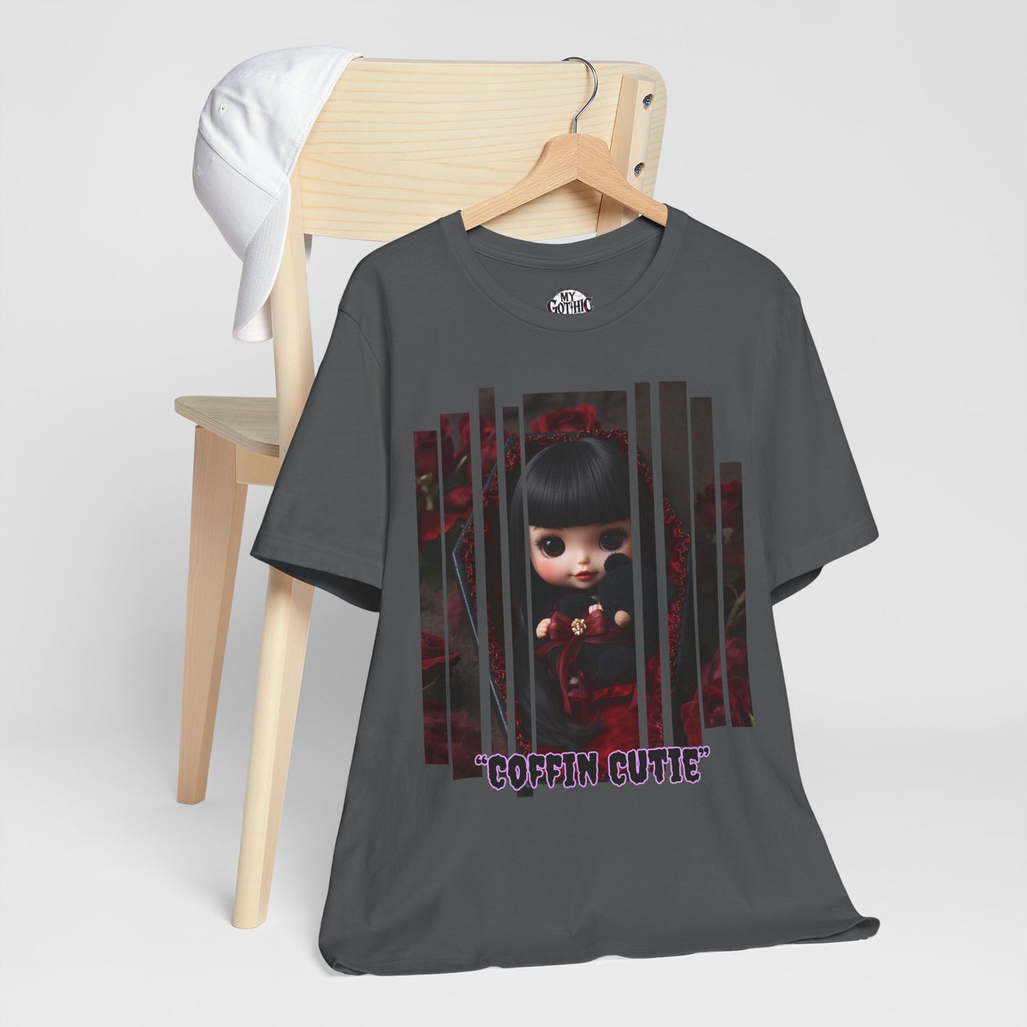 “Coffin Cutie” — cute Gothic doll peeking out from a small coffin Graphic T-Shirt – Alt Aesthetic Poetic Goth Street-wear