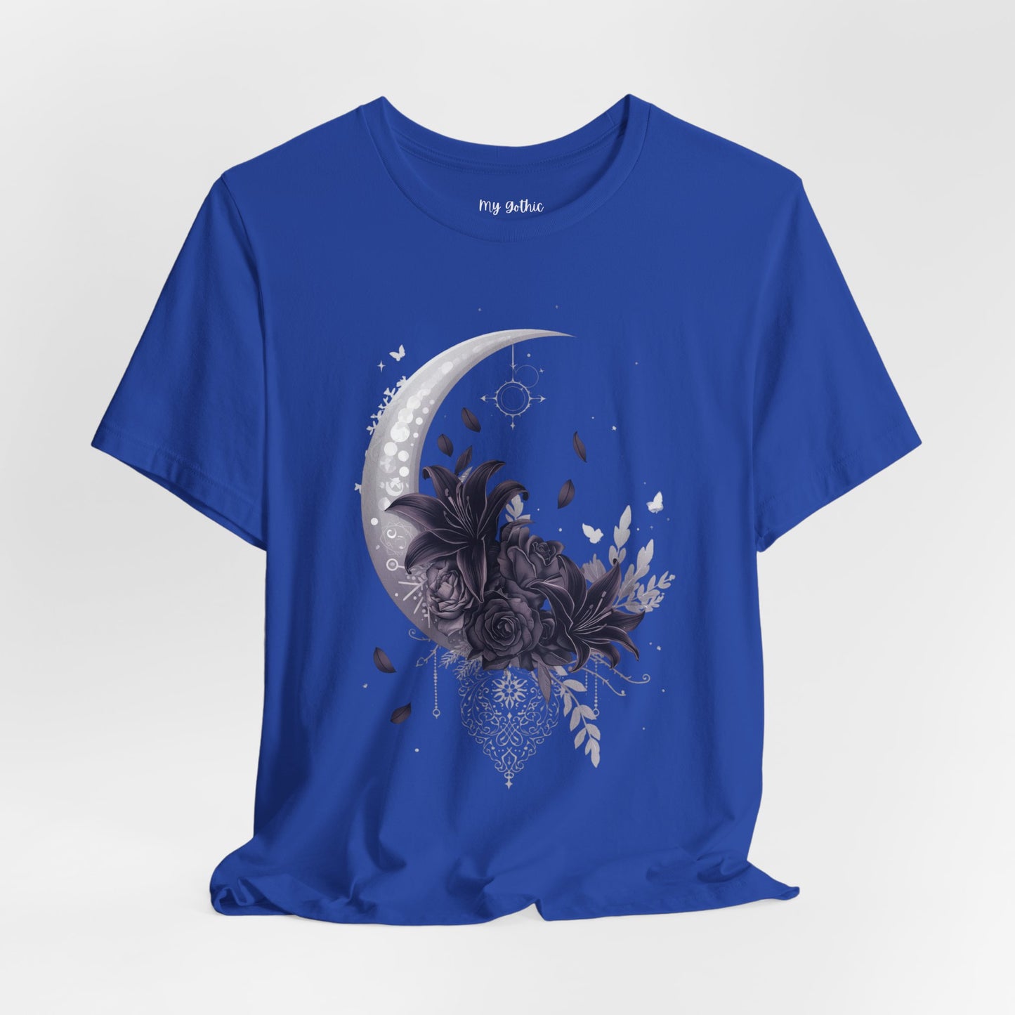 “Moonlit Bouquet & Sacred Soft Goth Symbol” Moonlit Bouquet Unisex Tee - Soft Goth Symbol Floral Design