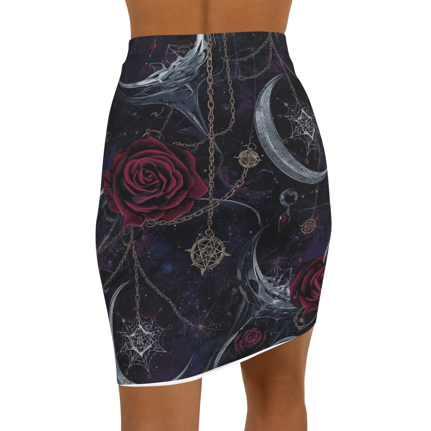 Mystic Moon & Rose Pencil Skirt — Gothic Celestial Floral Print
