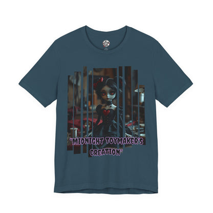 “Midnight Toy-maker's Creation” —hand-stitched Gothic doll Graphic T-Shirt – Alt Aesthetic Poetic Goth Street-wear
