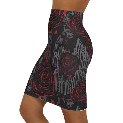 Gothic Red Rose Pencil Skirt — Skull & Gate Floral Midi