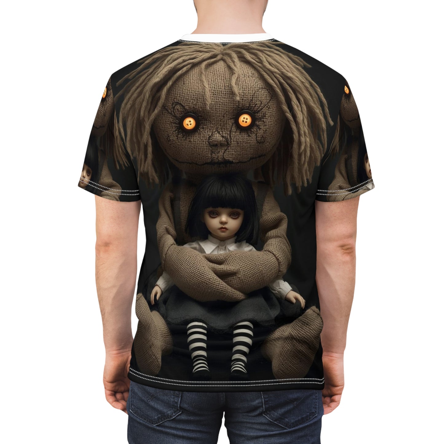 Gunny Sack Doll with Toy Gothic Doll | Horror All-Over Print T‑Shirt