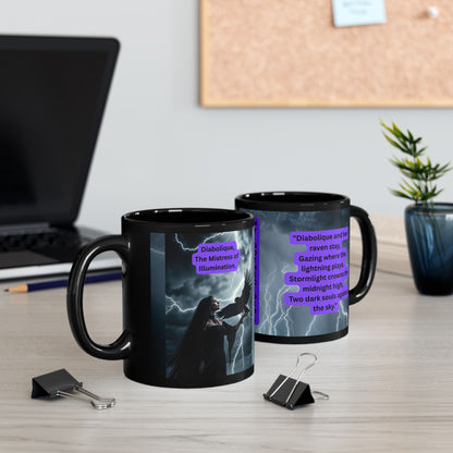 "Diabolique Mistress of Illumination Black 11 oz Mug – “Mystical Gothic witch coffee mug adorned with dark, enchanting design.”