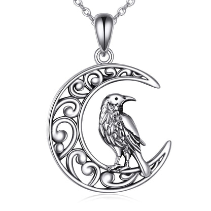 TIGER RIDER Raven Necklace for Women Sterling Silver Gothic Moon Pendant Necklace Raven Jewelry Birthday Halloween Gifts for Women Wife