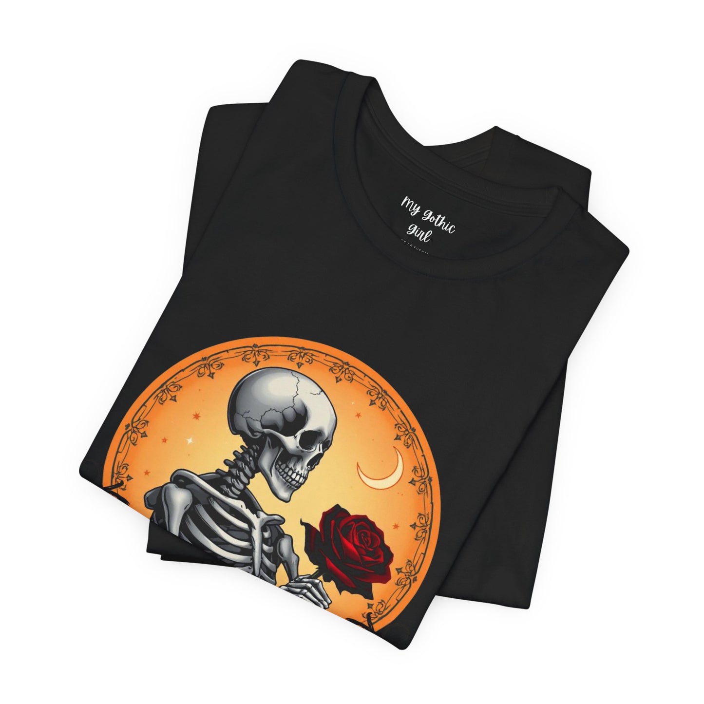 Mystical Gothic Skeleton and Black Rose Under Crescent Moon T-Shirt Design