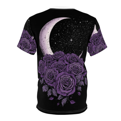 Purple Moon & Roses Tee — Gothic Floral Moonlight All-Over Print Shirt