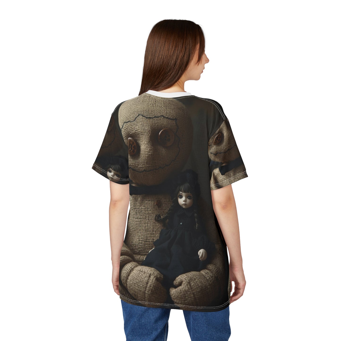 Gunny Sack Doll with Toy Gothic Doll | Horror All-Over Print T‑Shirt