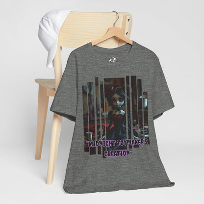 “Midnight Toy-maker's Creation” —hand-stitched Gothic doll Graphic T-Shirt – Alt Aesthetic Poetic Goth Street-wear