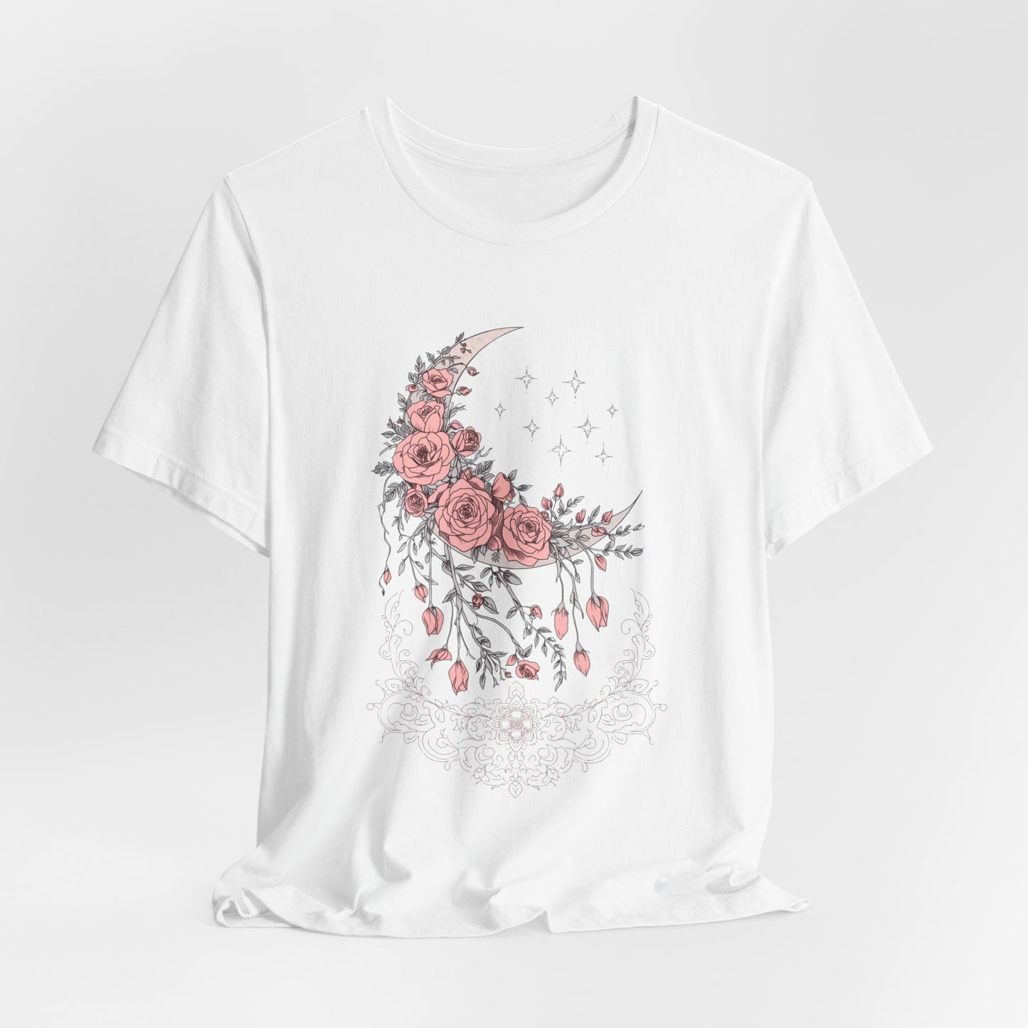 Celestial Goth Crescent Moon Tee with Dripping Florals – Mystic Graphic Art