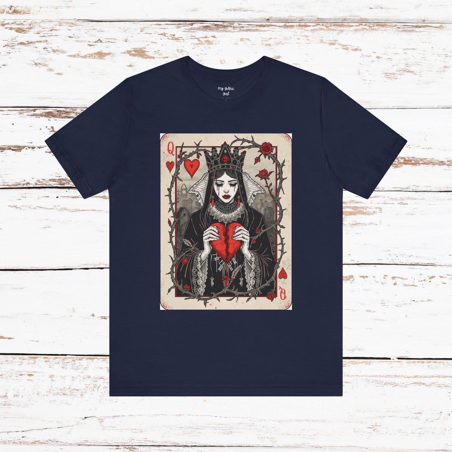 Queen of Hearts Playing Card T-Shirt — Gothic Rose Broken Heart Graphic Tee