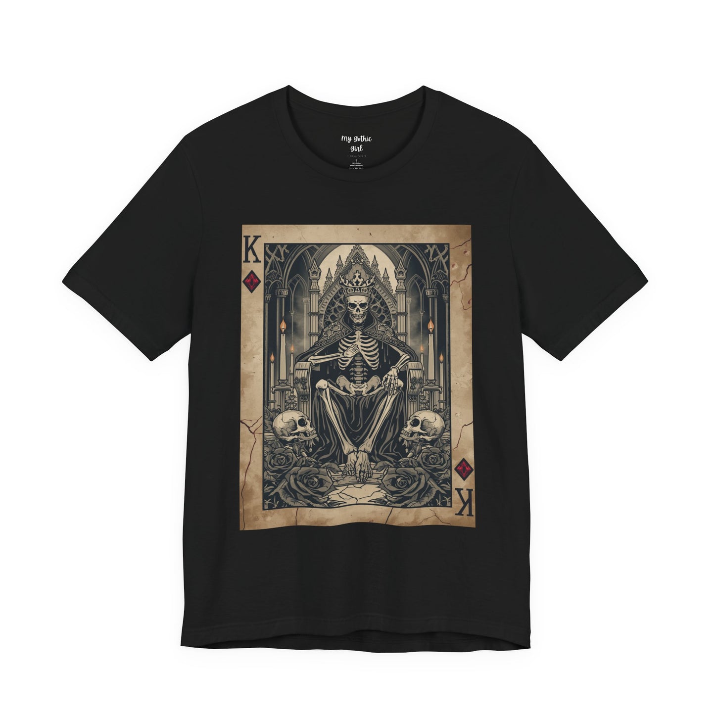 Skeleton King Playing Card Graphic Tee — Gothic Skull Throne T-Shirt