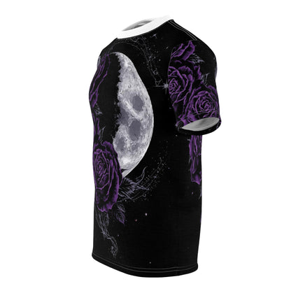 Purple Moon & Roses Tee — Gothic Floral Moonlight All-Over Print Shirt