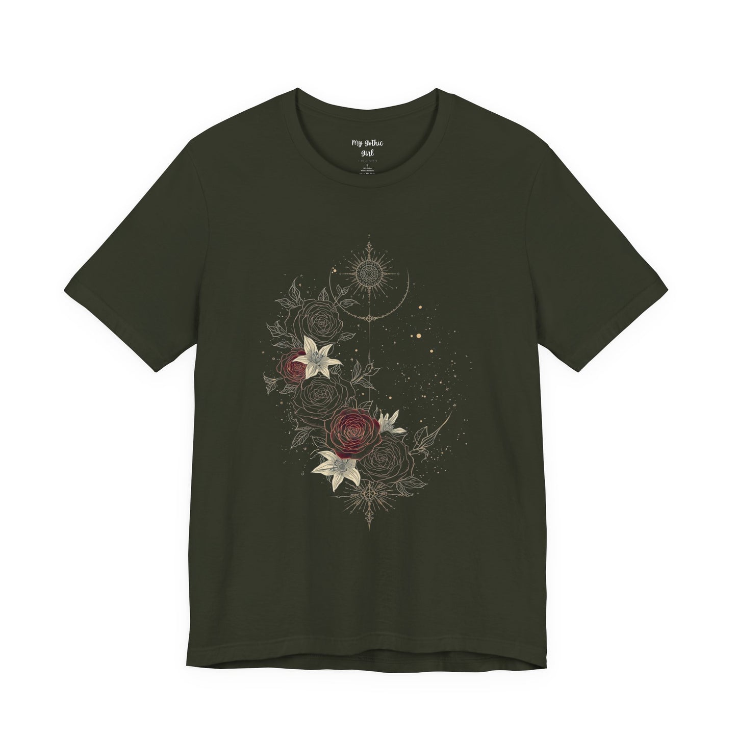 “Dark Floral Moon & Ornamental Geometry” T-Shirt Dark Floral Moon Ornamental Geometry Unisex Jersey Short Sleeve Tee