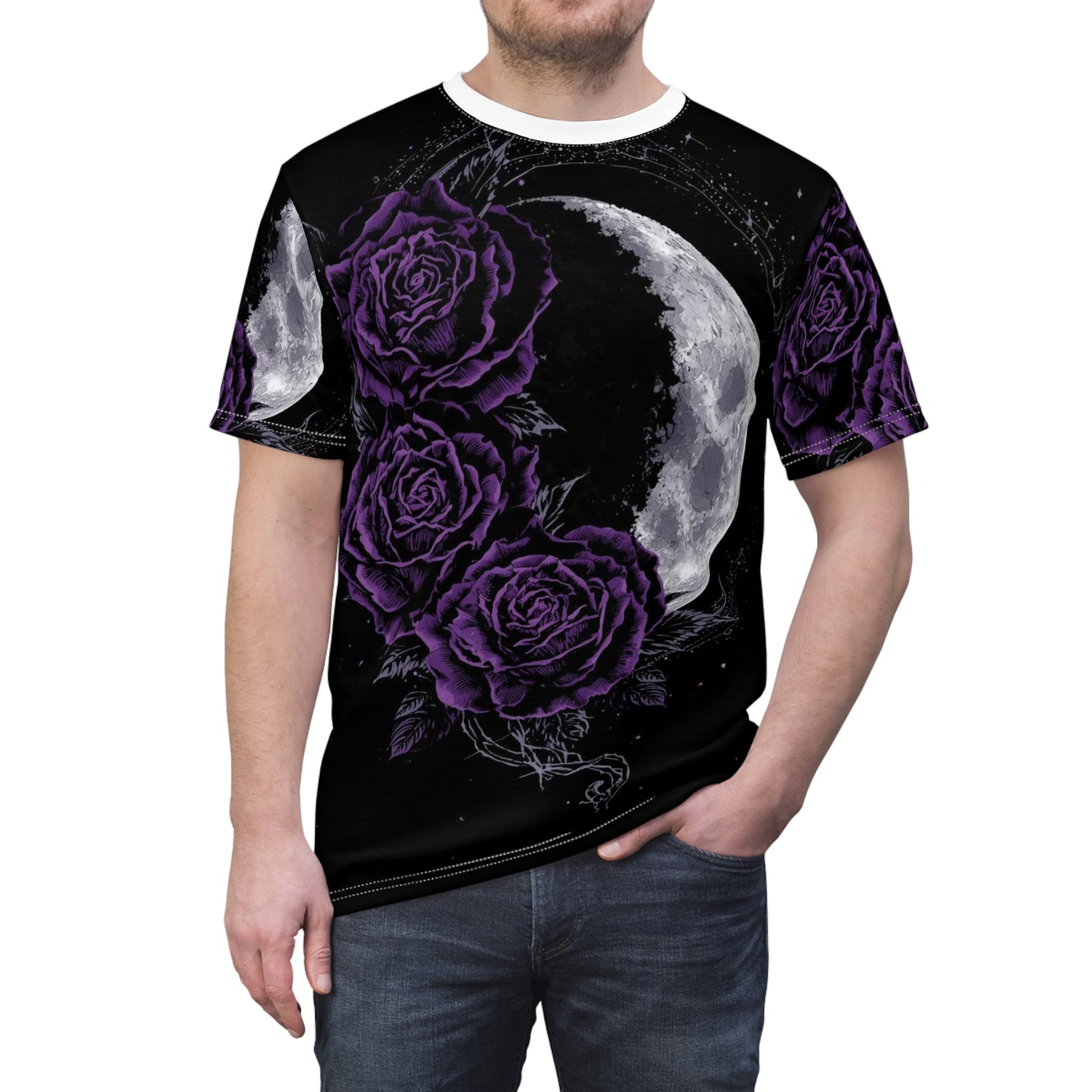 Purple Moon & Roses Tee — Gothic Floral Moonlight All-Over Print Shirt