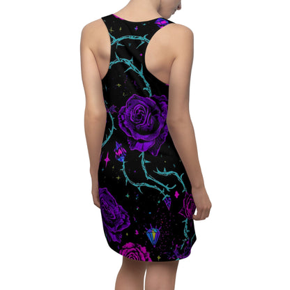 Purple Neon Rose Racerback Dress — Gothic Floral AOP Dress