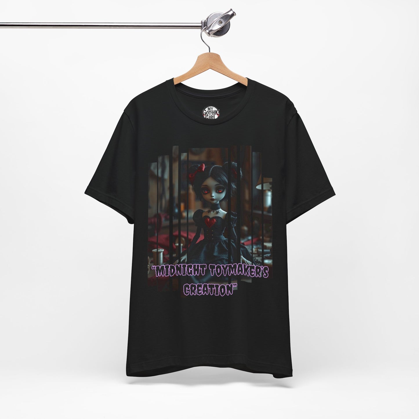 “Midnight Toy-maker's Creation” —hand-stitched Gothic doll Graphic T-Shirt – Alt Aesthetic Poetic Goth Street-wear