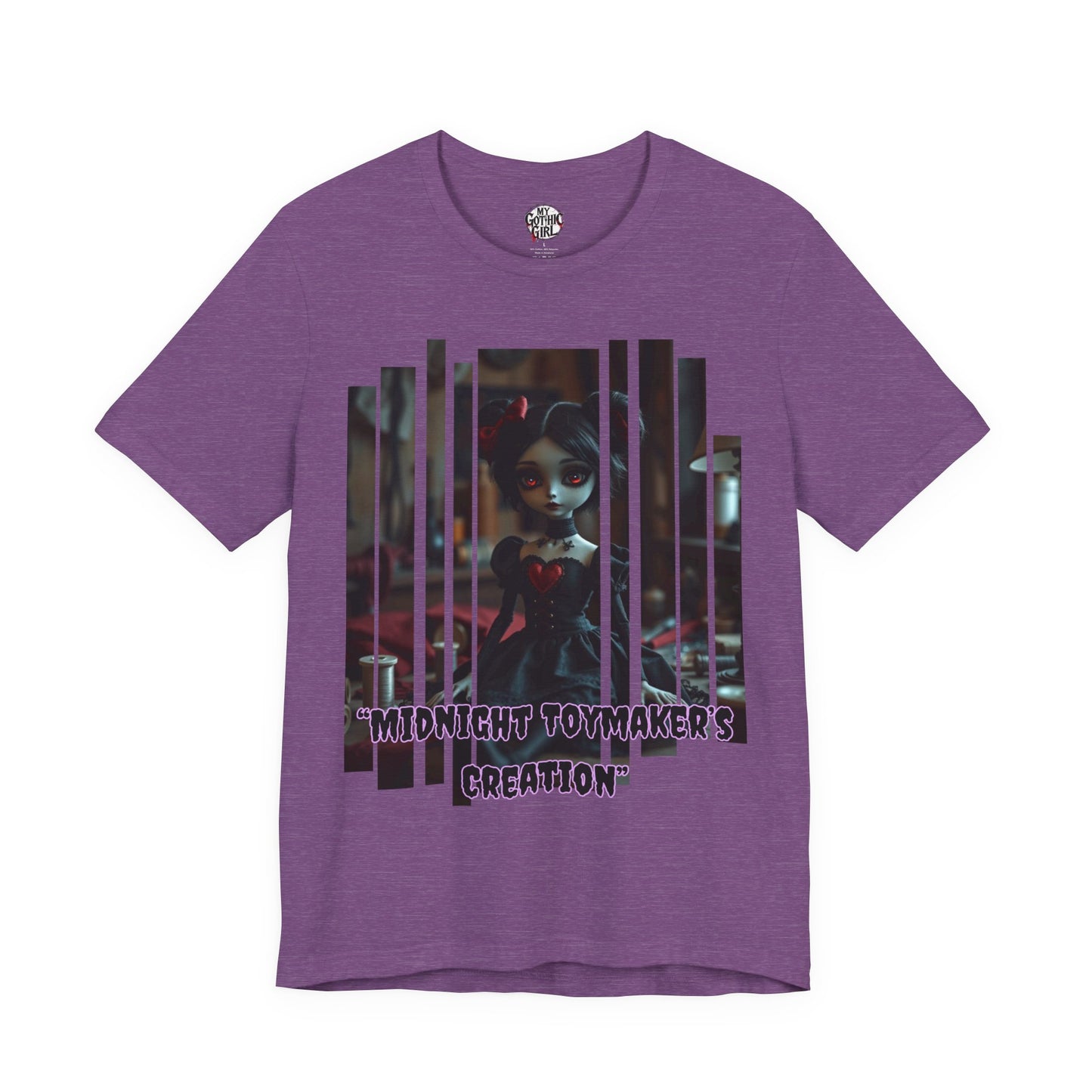 “Midnight Toy-maker's Creation” —hand-stitched Gothic doll Graphic T-Shirt – Alt Aesthetic Poetic Goth Street-wear