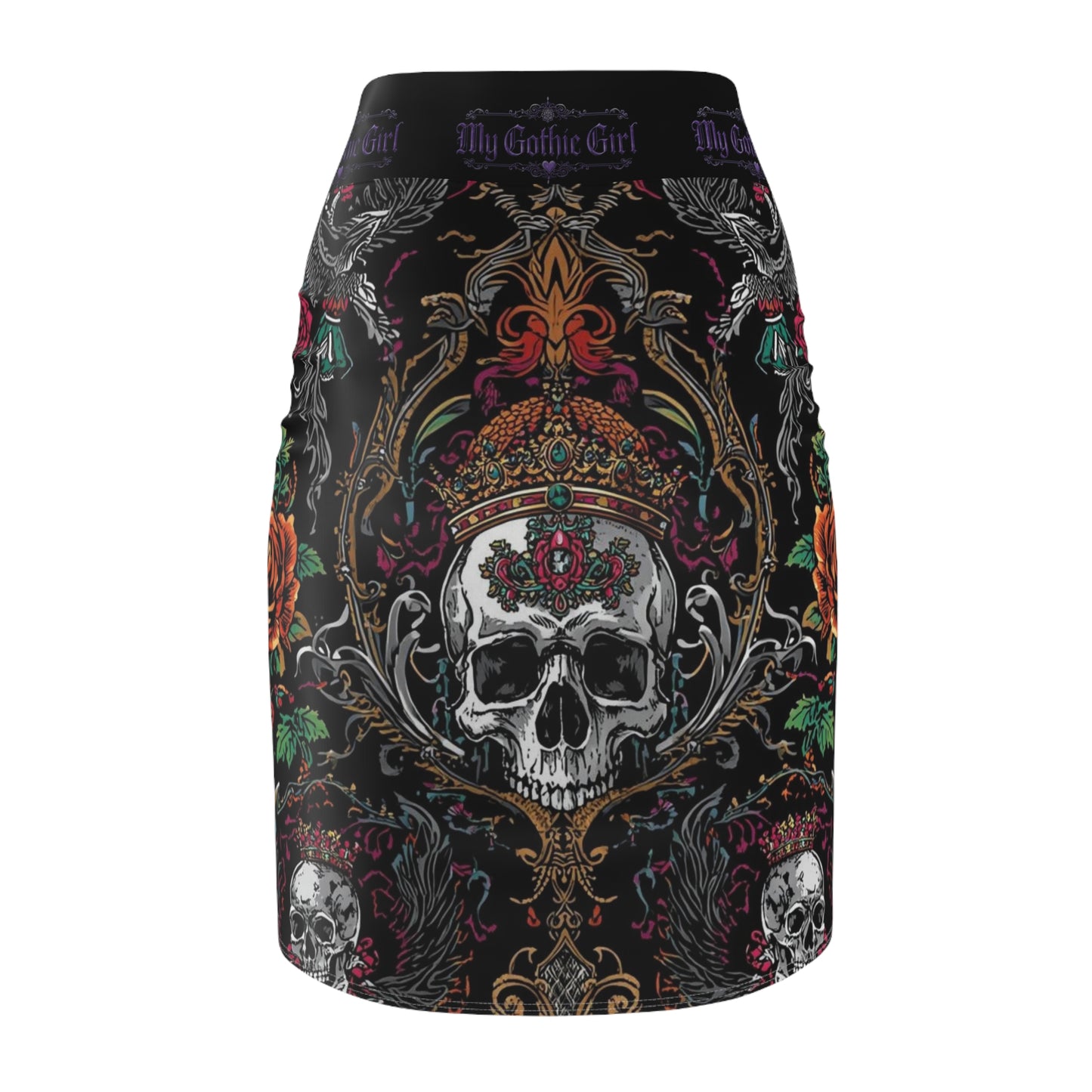 Gothic Skull Crown Pencil Skirt — 'My Gothic Girl' Dark Floral Skull Print