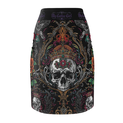 Gothic Skull Crown Pencil Skirt — 'My Gothic Girl' Dark Floral Skull Print