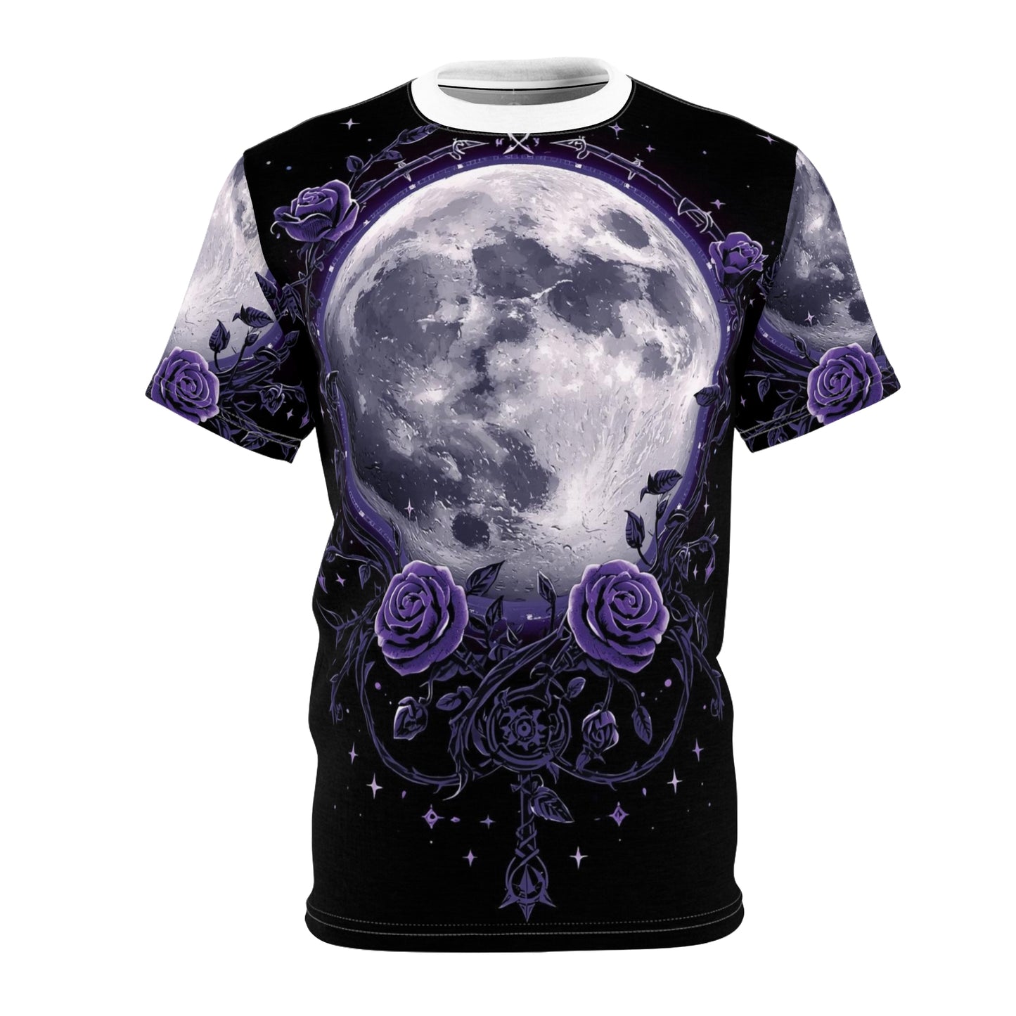 Purple Moon & Roses Tee — Gothic Floral Moonlight All-Over Print Shirt