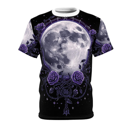 Purple Moon & Roses Tee — Gothic Floral Moonlight All-Over Print Shirt