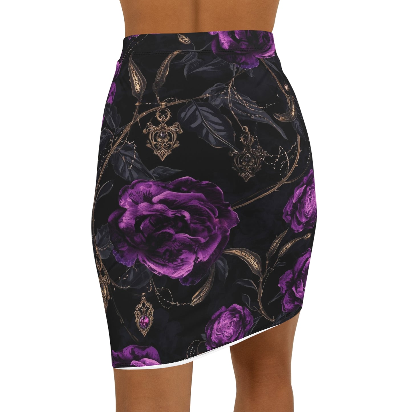 Purple Rose Gothic Pencil Skirt — Floral Mid-Waist Bodycon Skirt