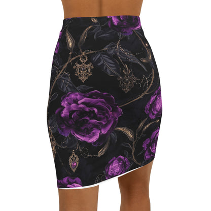 Purple Rose Gothic Pencil Skirt — Floral Mid-Waist Bodycon Skirt