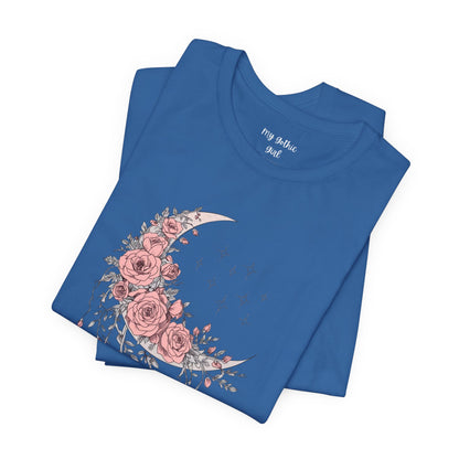 Celestial Goth Crescent Moon Tee with Dripping Florals – Mystic Graphic Art