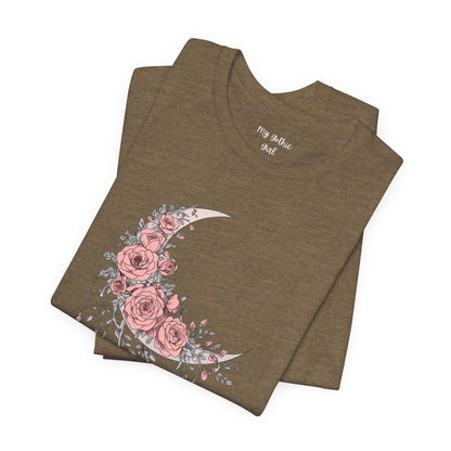 Celestial Goth Crescent Moon Tee with Dripping Florals – Mystic Graphic Art