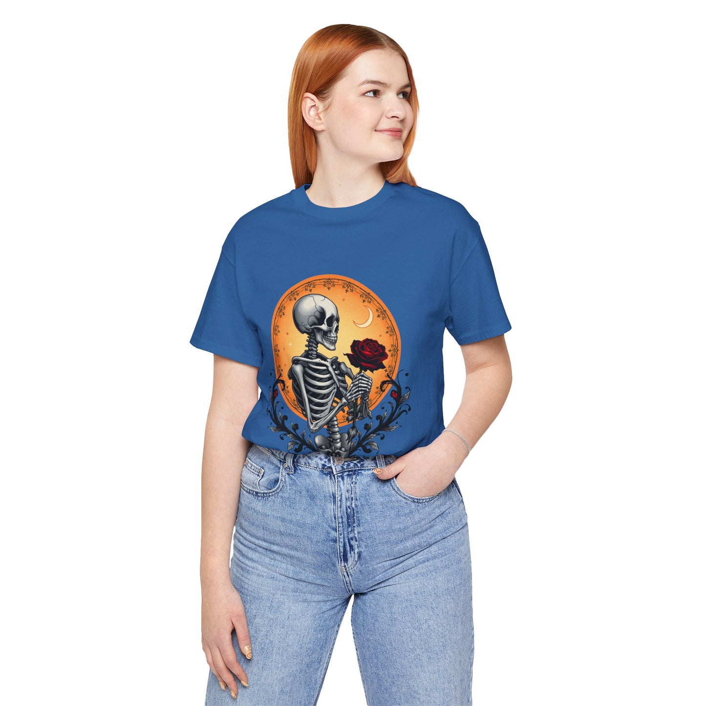 Mystical Gothic Skeleton and Black Rose Under Crescent Moon T-Shirt Design